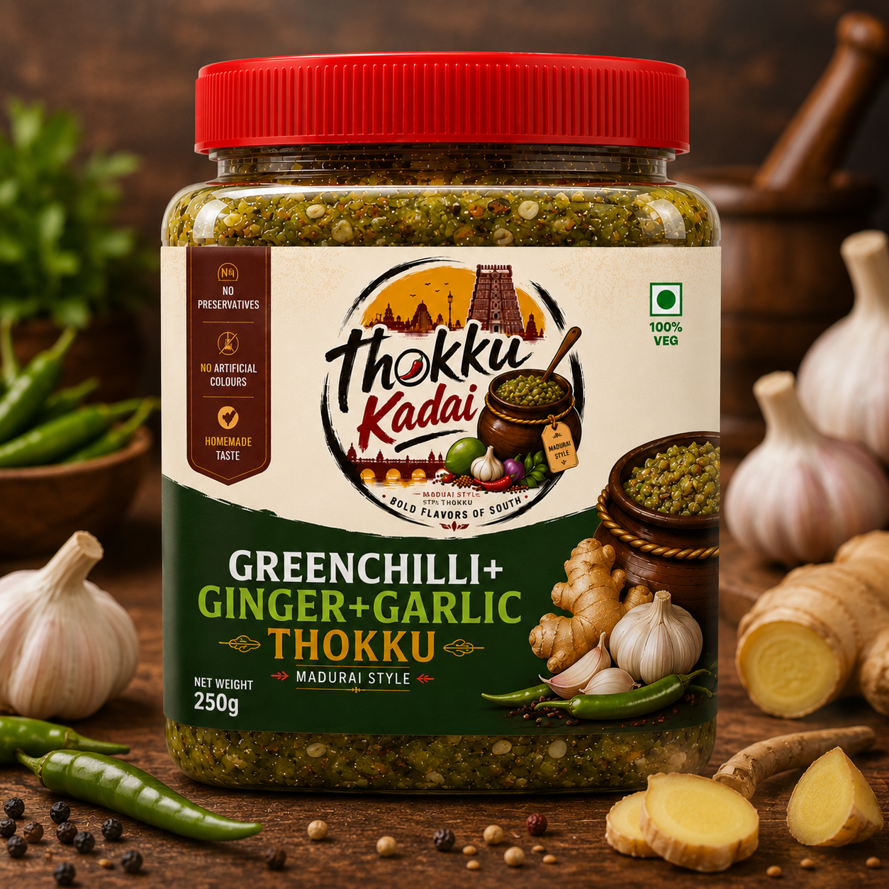 Green Chilli + Ginger + Garlic Thokku